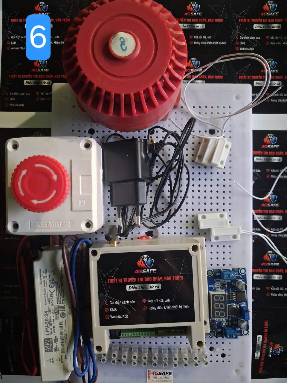 Combo 6 báo trộm 4GSAFE mở rộng với nguồn Meanwell LPV-20-24 và nhiều cặp cảm biến từ cửa