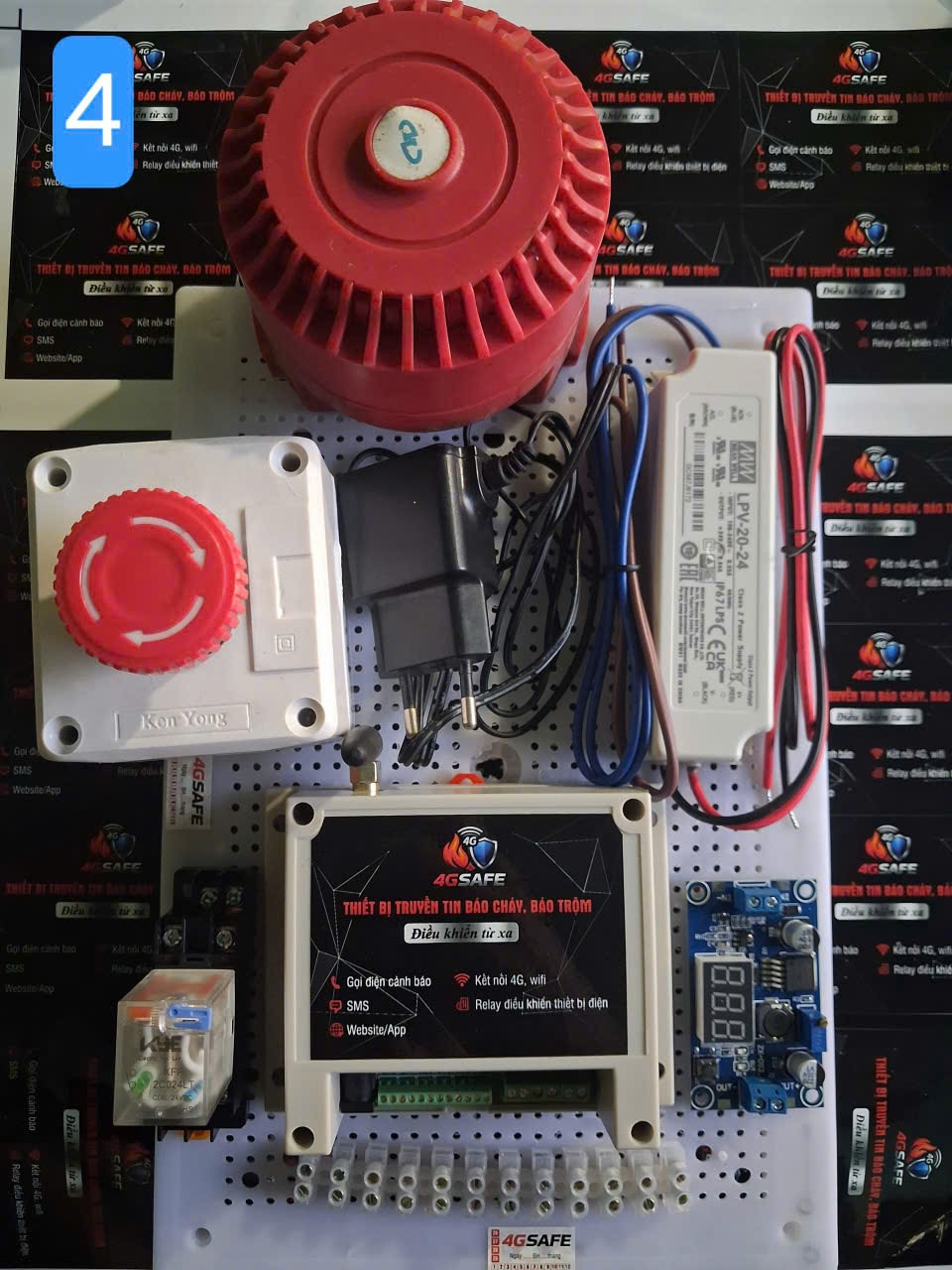 Combo 4 trọn bộ báo cháy 4GSAFE kèm còi chuông báo cháy 24V màu đỏ