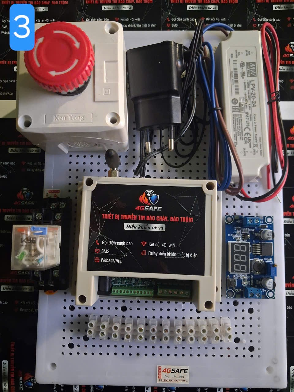 Combo 3 truyền tin báo cháy 4GSAFE kèm nút nhấn khẩn cấp Kon Yong và relay trung gian 24VDC